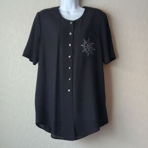 VTG Mode Sara of California Black Nautical Blouse Medium Rhinestone Ship Wheel